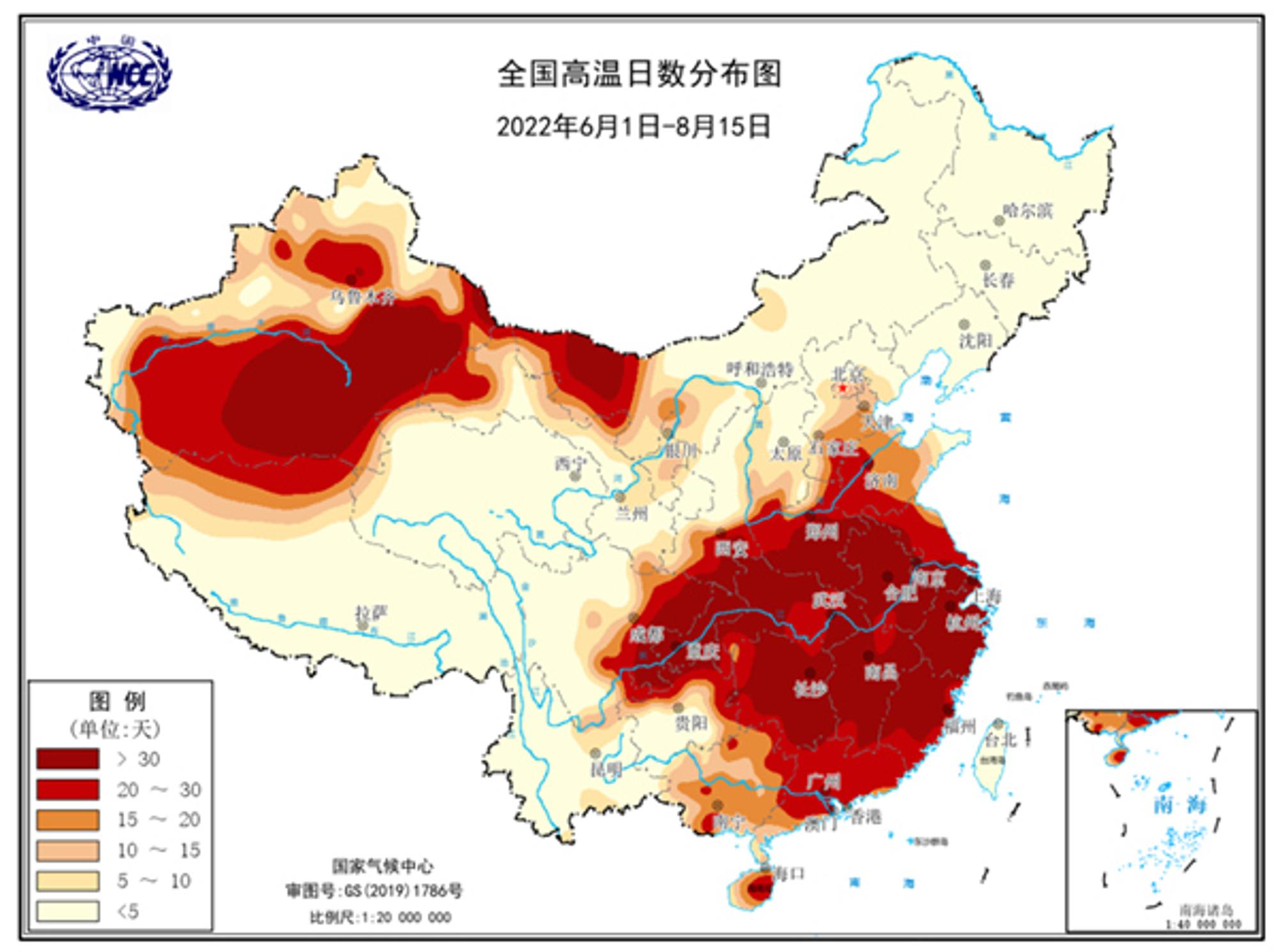 6月1日-8月15日全国高温日数分布图