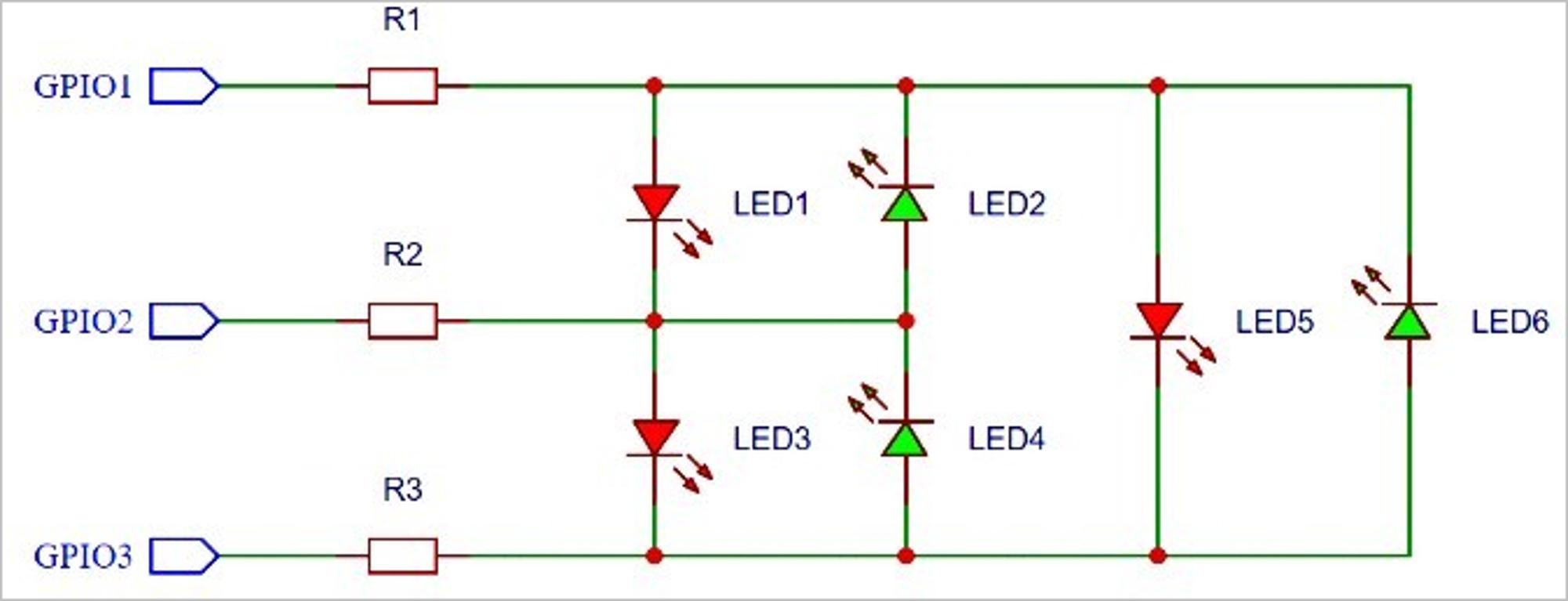 ▲ 三个IO端口控制六个LED单独点亮