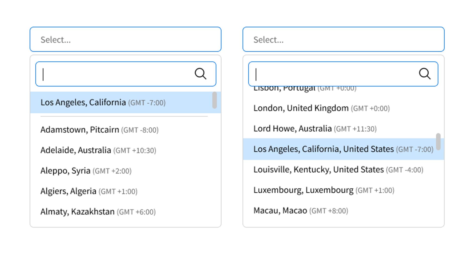 Two versions of a timezone selector dropdown show Los Angeles, California preselected. In version 1, Los Angeles appears at the top of the list and separate from the rest of the timezone list. In version 2, Los Angeles is highlighted in the list of timezones, and the dropdown is prescrolled to time zones that begin with the letter, L.