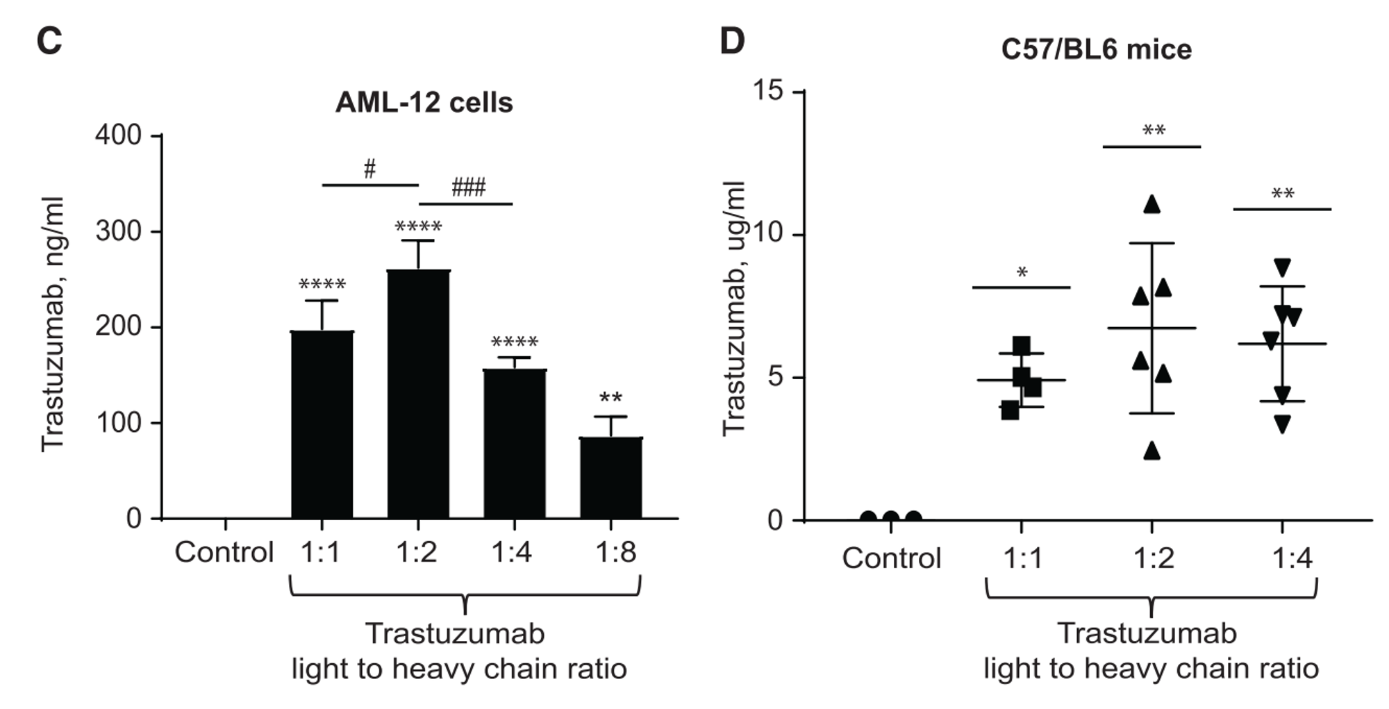 把重链和轻链mRNA按照不同的比例转染AML-12 cells细胞或者通过LNP递送到小鼠体内，24h后检测蛋白表达情况
