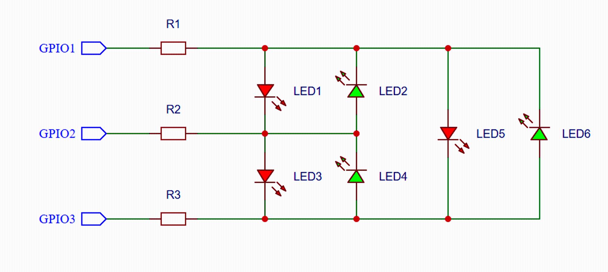 ▲ 任意挑选两个IO，设置他们不同高低电平可以分别控制它们之间连接的两个LED点亮