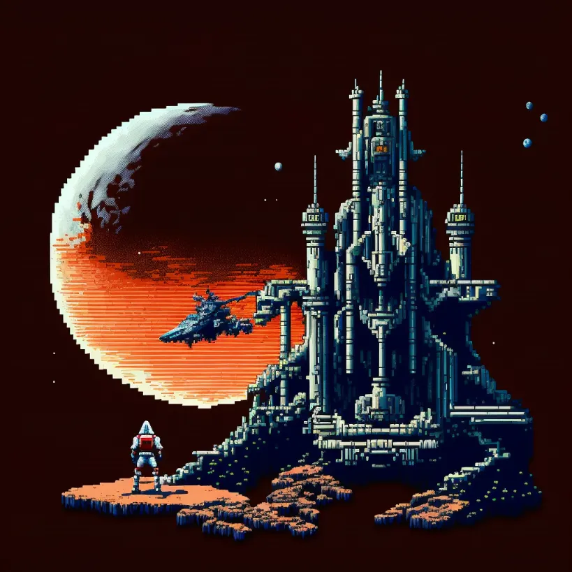 clean pixel art, moon base with rover, style of castlevania 1986