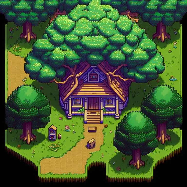 house in the trees, top down 2d game, pixel art, style of Legend of Zelda: A Link to the Past (SNES, Game Boy Color) 1991