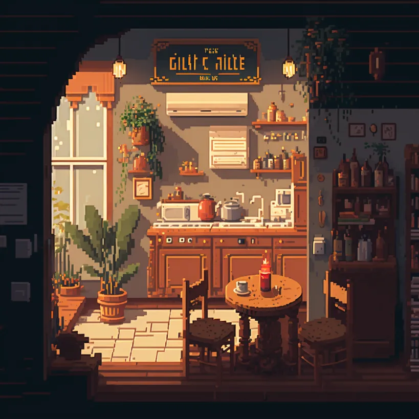 24-bit pixel art, cozy cafe