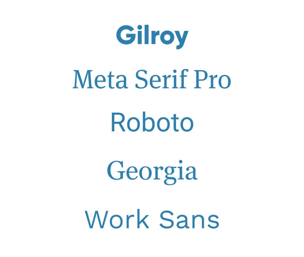 我经常使用的 5 种字体:Gilroy、Meta Serif Pro、Roboto、Georgia、Work Sans。