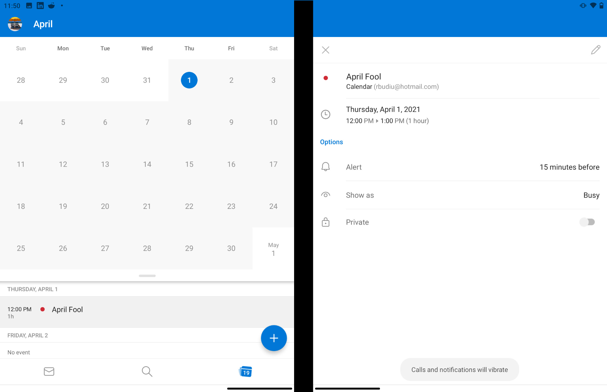 Microsoft日历应用程序允许用户同时查看事件的详细信息视图（右）和日程表的摘要视图（左）。