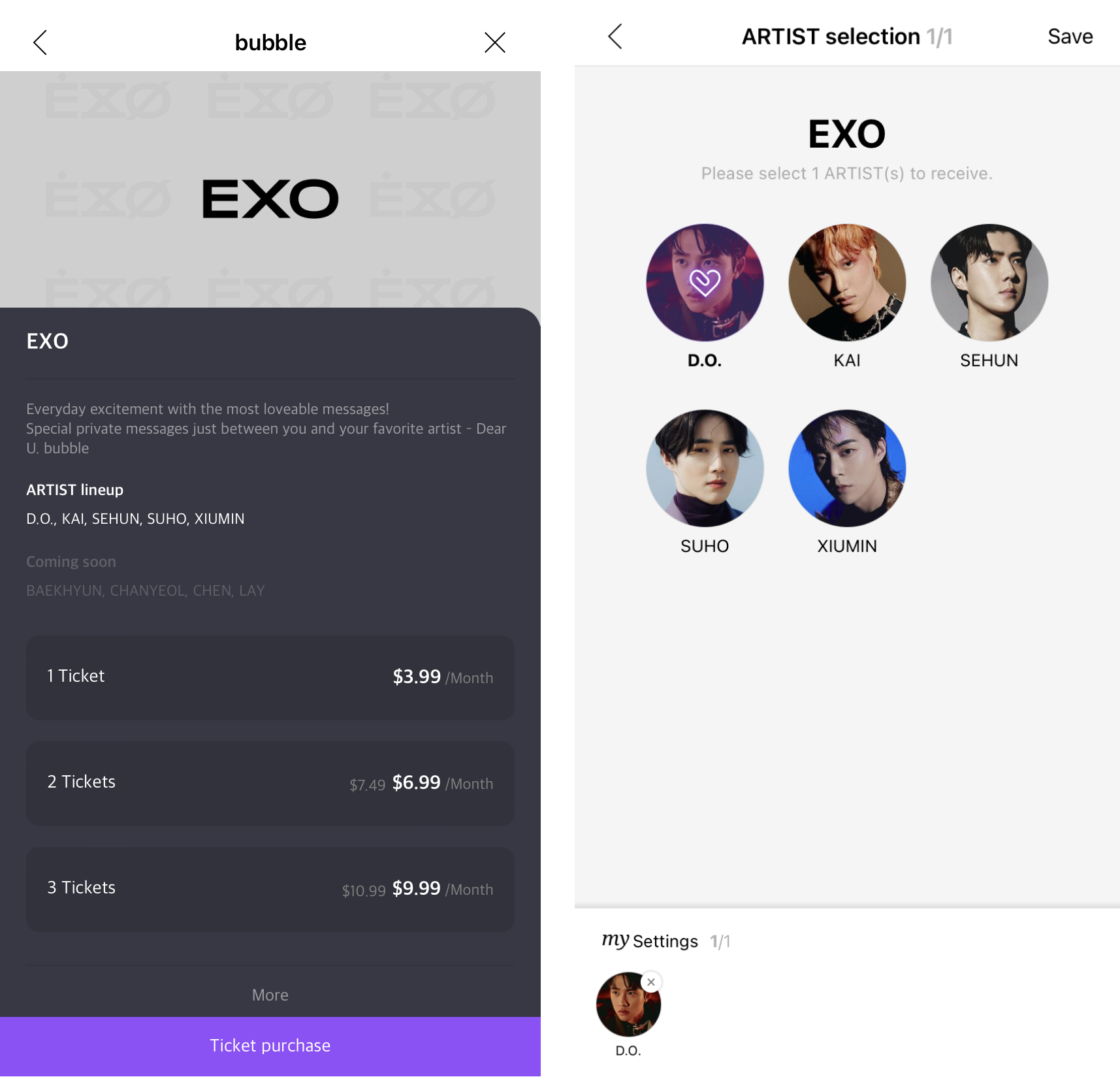 Bubble应用程序：(左图)用户付费购买 "门票"，以便与他们喜爱的K-Pop偶像聊天。 (右图)用户选择一个K-Pop乐队的特定成员，开始发送私人信息。