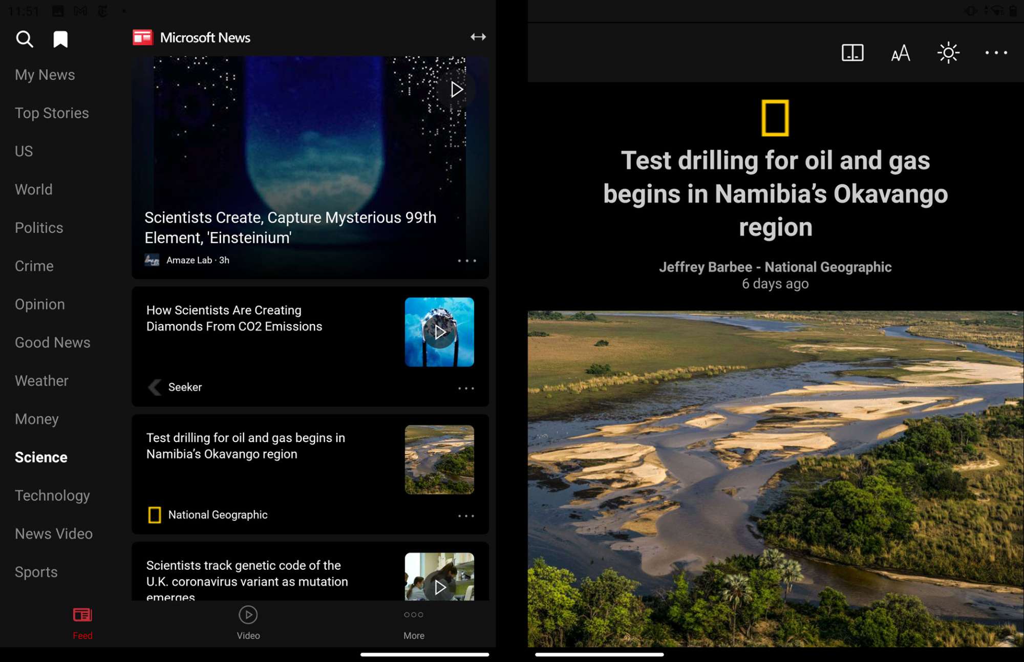 Microsoft News for Duo在左侧屏幕上显示导航和文章列表。如果用户点击文章，则该文章将显示在右侧屏幕上。但是，用户不能并排显示两种不同的物品。