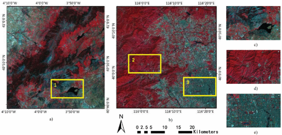 利用Landsat 8数据生成的假彩色图像（R：波段5；G：波段4；B：波段3）对研究区进行地理位置定位。(a)西班牙塞戈维亚的研究区A，(b)中国北京的研究区B，(c)水区的子区1，(d)植被区的子区2，以及(e)不透水表面区的子区3。