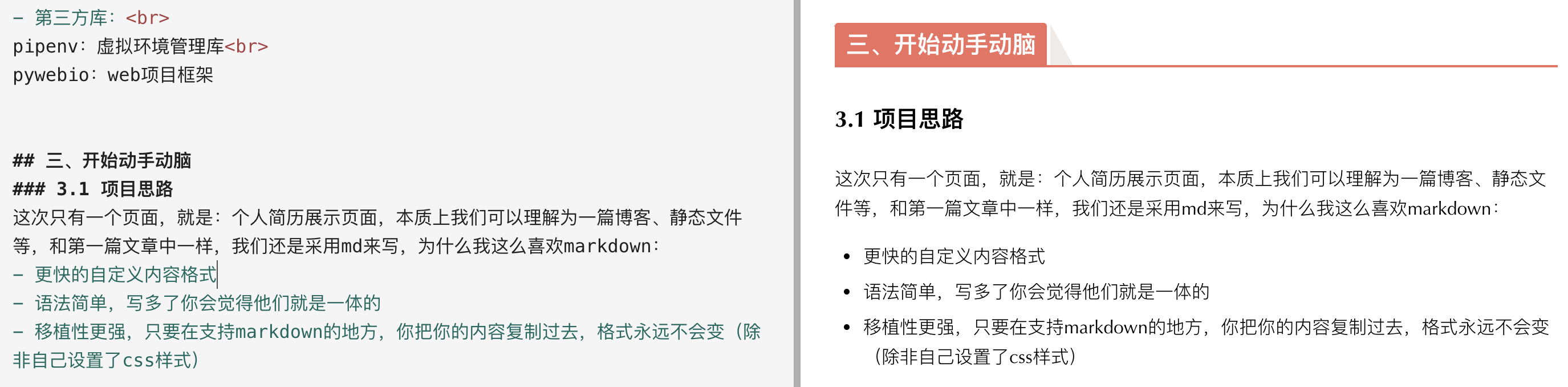 右边是大家看到的样子,左边是markdown内容