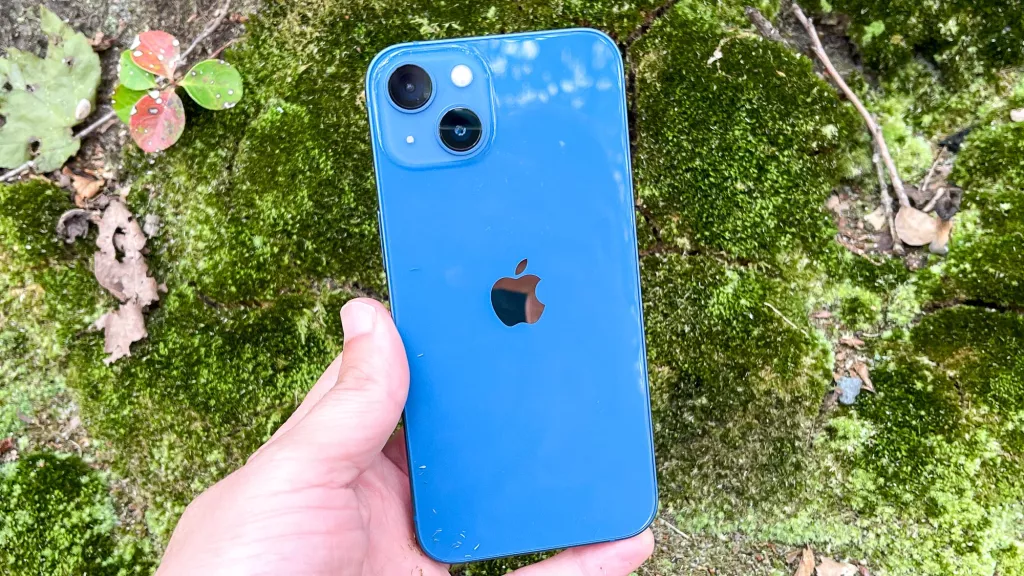 一个蓝色的 iPhone 13 放在绿色的树叶前