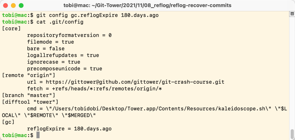 仓库配置文件(.git/config)包含变量reflogExpire，值为180.days.ago