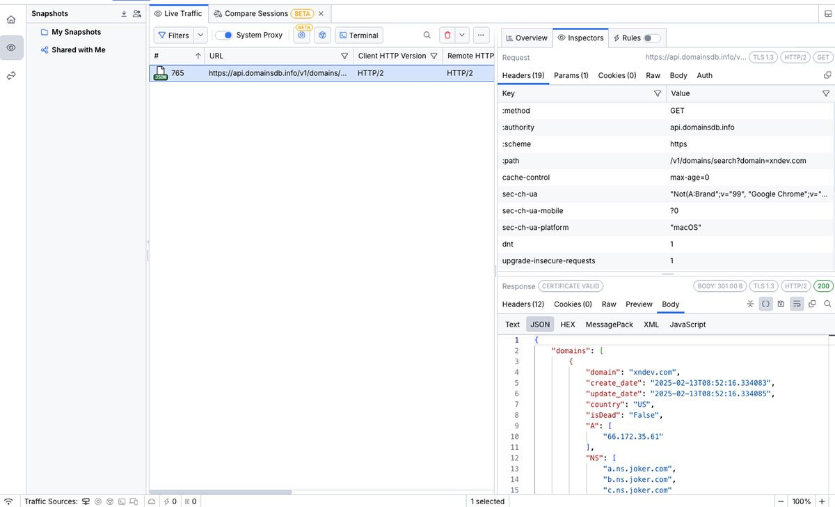 对 Fiddler 中的 api.domainsdb.info 发出 HTTP GET 请求