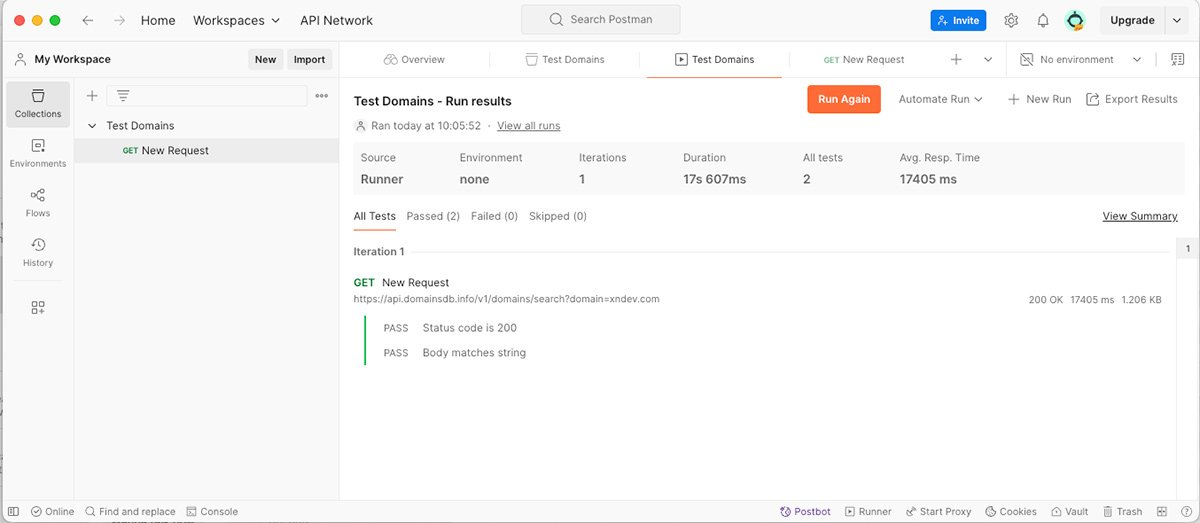 Postman 的测试自动化功能可以通过两个测试来显示特定的测试运行情况