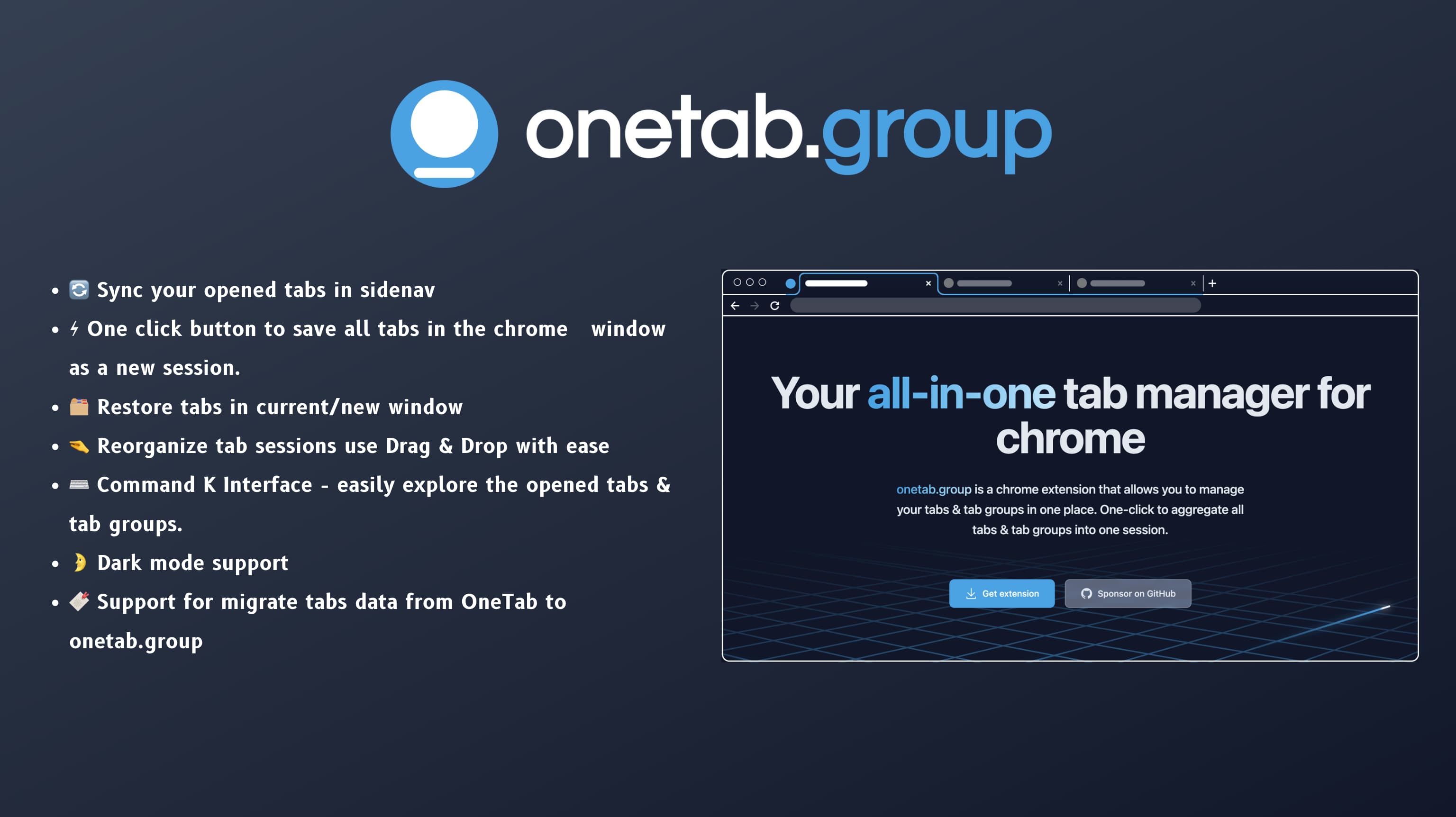 [分享创造] Chrome 插件 OneTab 的代替品： One Tab Group 你的终极标签页管理器（尝鲜版发布）插图